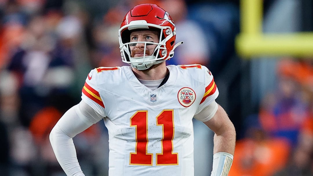 Jan 5, 2025; Denver, Colorado, USA; Kansas City Chiefs quarterback Carson Wentz (11) in the third quarter against the Denver Broncos at Empower Field at Mile High. Mandatory Credit: Isaiah J. Downing-Imagn Images