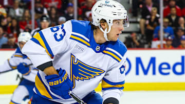 Oct 11, 2025; Calgary, Alberta, CAN; St. Louis Blues left wing Jake Neighbours (63) controls the puck against the Calgary Flames during the third period at Scotiabank Saddledome. Mandatory Credit: Sergei Belski-Imagn Images