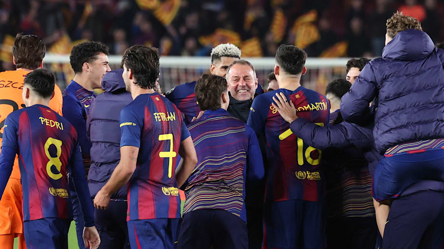 Barcelona celebrating after defeating Newcastle. 
