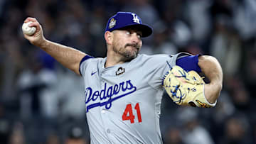 Oct 28, 2024; New York, New York, USA; Los Angeles Dodgers pitcher Daniel Hudson (41) throws during the seventh inning against the New York Yankees in game three of the 2024 MLB World Series at Yankee Stadium. Mandatory Credit: Wendell Cruz-Imagn Images