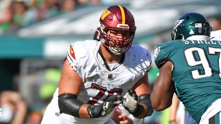 Oct 1, 2023; Philadelphia, Pennsylvania, USA; Washington Commanders offensive tackle Sam Cosmi (76) against the Philadelphia Eagles at Lincoln Financial Field. Mandatory Credit: Eric Hartline-Imagn Images