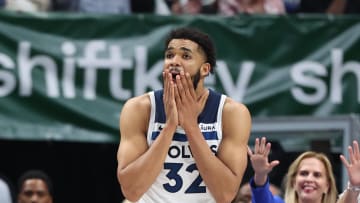 May 28, 2024; Dallas, Texas, USA; Minnesota Timberwolves center Karl-Anthony Towns (32) reacts to his fifth foul against the Dallas Mavericks during the fourth quarter of game four of the western conference finals for the 2024 NBA playoffs at American Airlines Center. Mandatory Credit: Kevin Jairaj-USA TODAY Sports