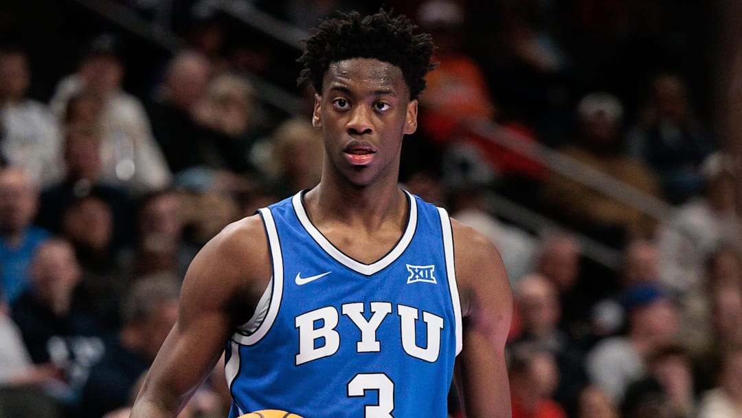 Mar 11, 2026; Kansas City, MO, USA; BYU Cougars forward AJ Dybantsa (3) sets the play in front of West Virginia Mountaineers forward Brenen Lorient (0) during the second half at T-Mobile Center. Mandatory Credit: William Purnell-Imagn Images