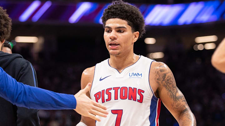 Feb 7, 2024; Sacramento, California, USA; Detroit Pistons guard Killian Hayes (7) celebrates with teammates after a timeout was called during the second quarter at Golden 1 Center.