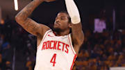 Apr 28, 2025; San Francisco, California, USA; Houston Rockets guard Jalen Green (4) shoots the ball against the Golden State Warriors during the first quarter of game four of the 2025 NBA Playoffs first round at Chase Center. Mandatory Credit: Kelley L Cox-Imagn Images