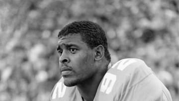 Nov 26, 1983; Knoxville, TN, USA; Tennessee senior Reggie White, a candidate for the prestigious Lombardi Trophy that goes to the nation's outstanding lineman, rests on the sidelines during the Vols 34-24 victory over Vanderbilt before 93,426 fans at Neyland Stadium in Knoxville. Mandatory Credit: Ricky Rogers-USA TODAY NETWORK  