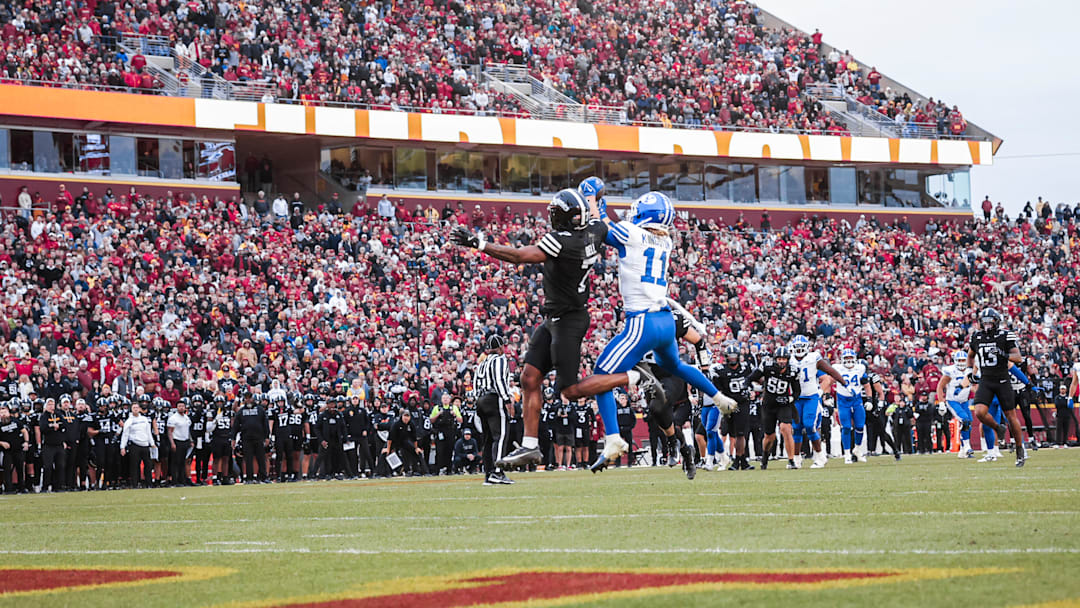 BYU wide receiver Parker Kingston scores a touchdown against Iowa State BYU wide receiver Parker Kingston scores a touchdown against Iowa State