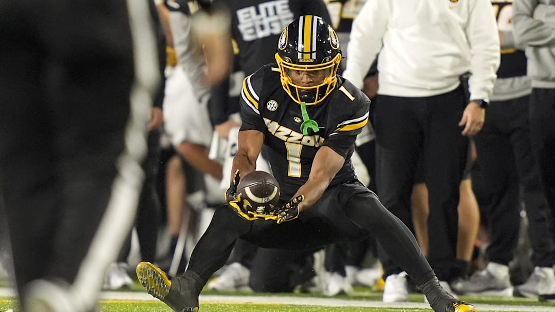 Missouri Tigers wide receiver Donovan Olugbode (1) catches a pass in a game against the Texas A&M Aggies this season. Missouri Tigers wide receiver Donovan Olugbode (1) catches a pass in a game against the Texas A&M Aggies this season.