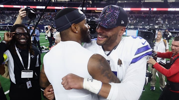 Dallas Cowboys quarterback Dak Prescott and Green Bay Packers defensive end Micah Parsons embrace after the game. Dallas Cowboys quarterback Dak Prescott and Green Bay Packers defensive end Micah Parsons embrace after the game.