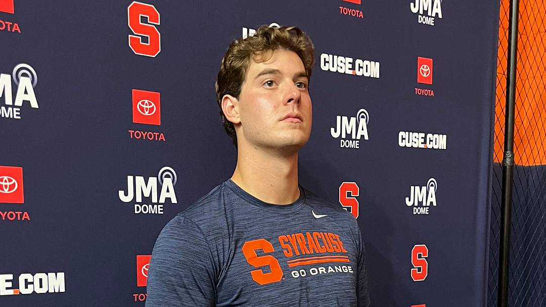 Aug 28, 2026; Syracuse, NY, USA; Syracuse quarterback Steve Angeli addresses the media at Ensley Athletic Center. Aug 28, 2026; Syracuse, NY, USA; Syracuse quarterback Steve Angeli addresses the media at Ensley Athletic Center.