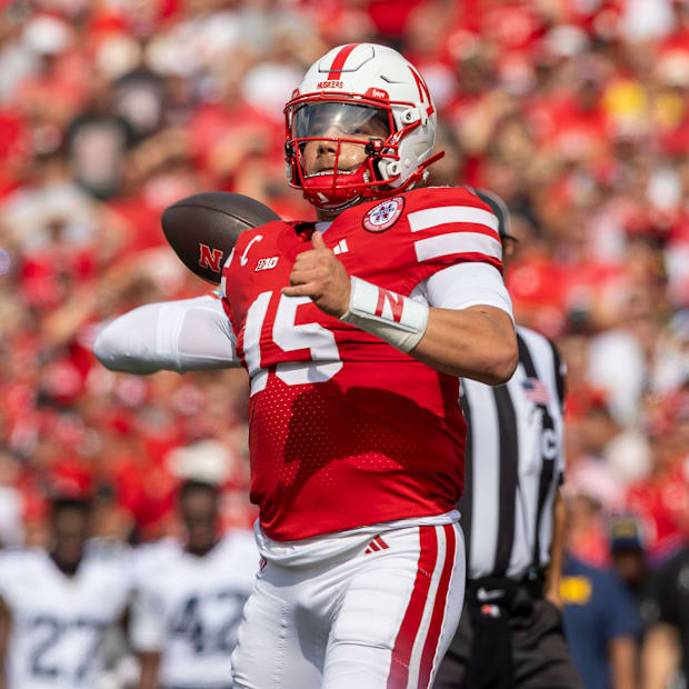 Nebraska quarterback Dylan Raiola fires a pass against Michigan.