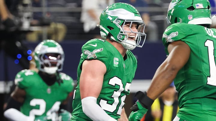 Nov 23, 2025; Arlington, Texas, USA; Philadelphia Eagles safety Reed Blankenship (32) celebrates after an interception in the second quarter at AT&T Stadium. Mandatory Credit: Kevin Jairaj-Imagn Images