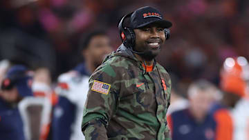 Dec 27, 2024; San Diego, CA, USA; Syracuse Orange head coach Fran Brown smiles on the play outcome against the Washington State Cougars during the second half  at Snapdragon Stadium. Mandatory Credit: Abe Arredondo-Imagn Images