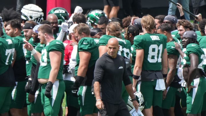 Florham Park, NJ -- August 21, 2024 -- Jets head coach Robert Saleh during practice. The New York Giants came to the Atlantic Health Jets Training Center in Florham Park, New Jersey to take part in a joint practice with the New York Jets.