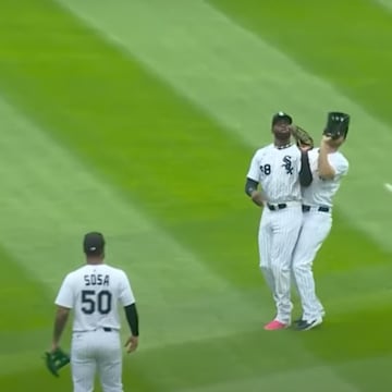 Austin Slater and Luis Roberts Jr. collide while trying to catch a pop fly.