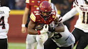 Nov 2, 2024; Ames, Iowa, USA; Iowa State Cyclones running back Abu Sama III (24) runs the football against the Texas Tech Red Raiders at Jack Trice Stadium. The Red Raiders won 23-22.  Mandatory Credit: Reese Strickland-Imagn Images