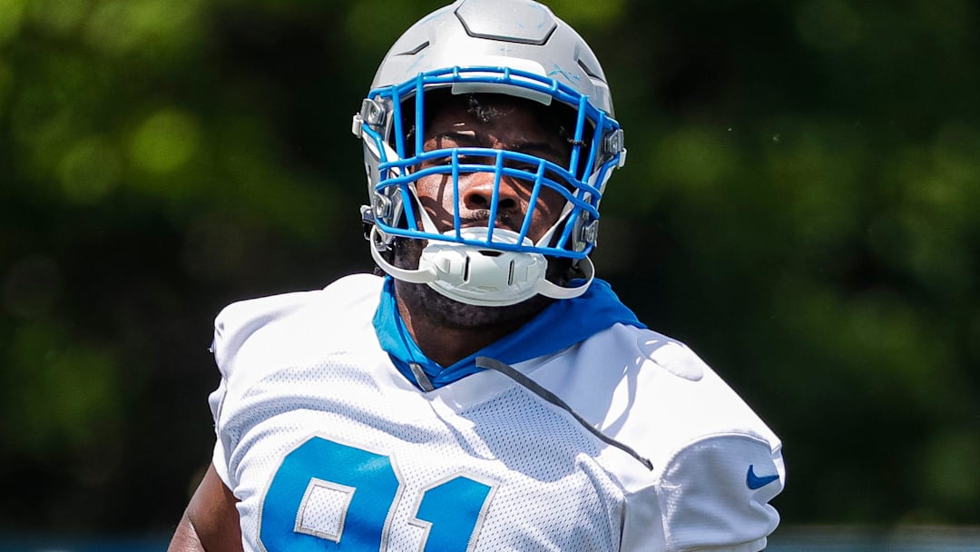 Defensive end Levi Onwuzurike practices during minicamp at Detroit Lions headquarters and practice facility in Allen Park on Tuesday, June 4, 2024.