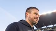 Oregon head coach Dan Lanning walks off after his win as the Oregon Ducks host the USC Trojans on Nov. 22, 2025, at Autzen Stadium in Eugene, Oregon.