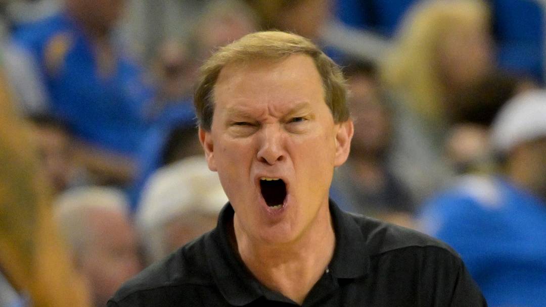 Dec 6, 2025; Los Angeles, California, USA;  Oregon Ducks head coach Dana Altman reacts during the first half at Pauley Pavilion presented by Wescom Financial. Mandatory Credit: Jayne Kamin-Oncea-Imagn Images