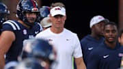 Mississippi Rebels head coach Lane Kiffin looks on during warm ups prior to the game against The Citadel Bulldogs at Vaught-Hemingway Stadium.