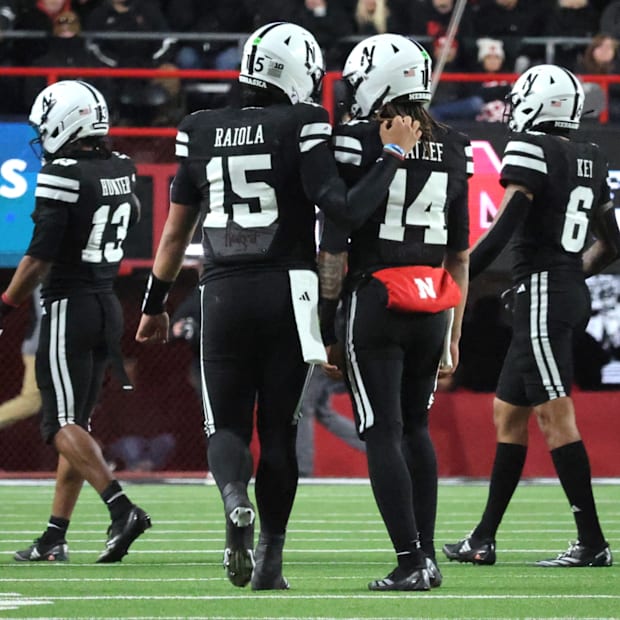 Nebraska quarterbacks Dylan Raiola and TJ Lateef during the USC game.