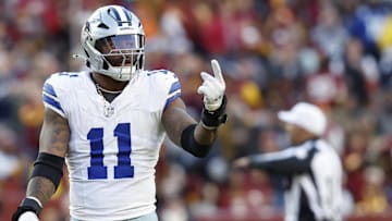 Nov 24, 2024; Landover, Maryland, USA; Dallas Cowboys linebacker Micah Parsons (11) gestures to the bench against the Washington Commanders at Northwest Stadium. Mandatory Credit: Geoff Burke-Imagn Images