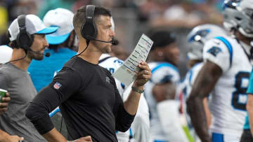 Aug 17, 2024; Charlotte, North Carolina, USA; Carolina Panthers head coach Dave Canales during the first quarter against the New York Jets at Bank of America Stadium. Mandatory Credit: Jim Dedmon-USA TODAY Sports
