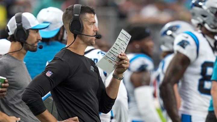 Aug 17, 2024; Charlotte, North Carolina, USA; Carolina Panthers head coach Dave Canales during the first quarter against the New York Jets at Bank of America Stadium.