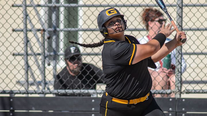 Granada senior Delaney Aumua watches ball in flight during East Bay Athletic League game at Foothill May 2 2025. Aumua, who holds the North Coast Section record for career home runs (46) and single season (18, this season), leads the Matadors into a first-round Division 1 game Wednesday at Alameda. 