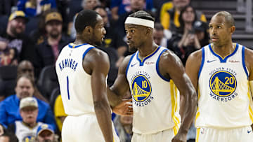 Oct 8, 2025; San Francisco, California, USA;  Golden State Warriors forward Jimmy Butler III (10) reacts  towards forward Jonathan Kuminga (1) during the second quarter against the Portland Trail Blazers at Chase Center. Mandatory Credit: John Hefti-Imagn Images