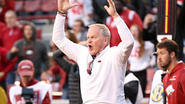 Nov 5, 2022; Fayetteville, Arkansas, USA; Arkansas Razorbacks vice chancellor and director of athletics Hunter Yurachek reacts to a two point conversion attempt during the fourth quarter against the Liberty Flames at Donald W. Reynolds Razorback Stadium. Liberty won 21-19. Mandatory Credit: Nelson Chenault-Imagn Images