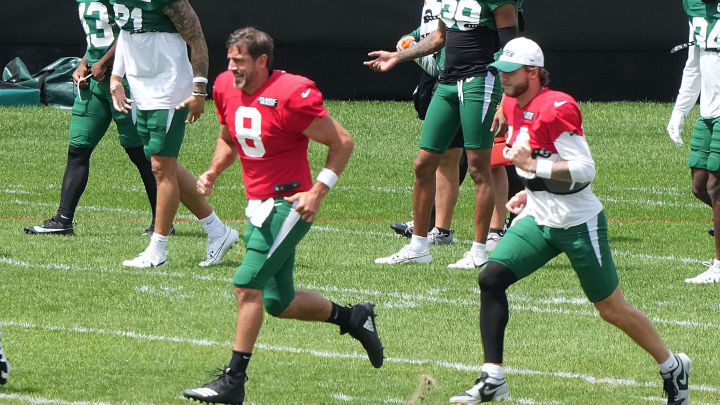 Florham Park, NJ -- August 21, 2024 -- Jets quarterbacks Aaron Rodgers and Andrew Peasley during practice. The New York Giants came to the Atlantic Health Jets Training Center in Florham Park, New Jersey to take part in a joint practice with the New York Jets.