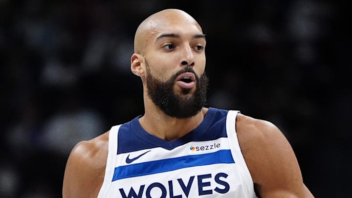 Dec 25, 2025; Denver, Colorado, USA; Minnesota Timberwolves center Rudy Gobert (27) during the first half at Ball Arena. Mandatory Credit: Ron Chenoy-Imagn Images