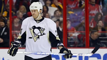 February 7, 2010; Washington, DC, USA; Pittsburgh Penguins defenseman Jay McKee (74) waits for a faceoff against the Washington Capitals at Verizon Center. The Capitals won 5-4 in overtime. Mandatory Credit: Geoff Burke-Imagn Images