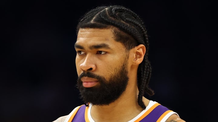 Nov 29, 2025; Phoenix, Arizona, USA; Phoenix Suns center Nick Richards (2) against the Denver Nuggets at the Mortgage Matchup Center. Mandatory Credit: Mark J. Rebilas-Imagn Images