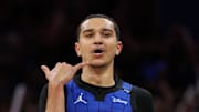 Apr 15, 2025; Orlando, Florida, USA; Orlando Magic guard Anthony Black (0) celebrates after a basket against the Atlanta Hawks in the fourth quarter  at Kia Center. Mandatory Credit: Nathan Ray Seebeck-Imagn Images