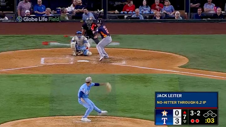 Jack Leiter delivers a pitch to Yainer Diaz. Jack Leiter delivers a pitch to Yainer Diaz.