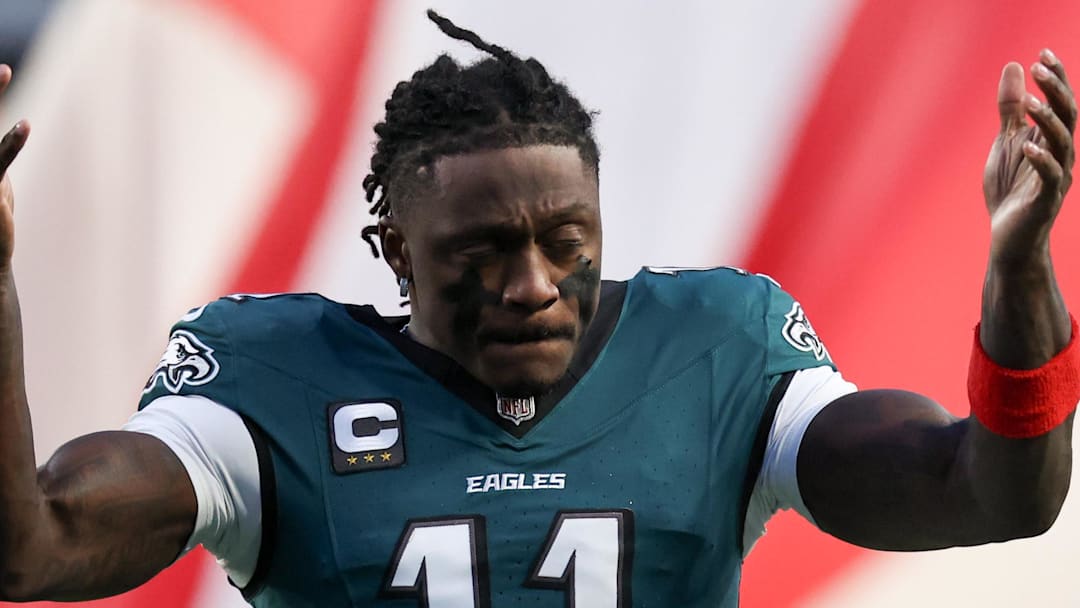 Jan 11, 2026; Philadelphia, PA, USA; Philadelphia Eagles wide receiver A.J. Brown (11) looks on prior to an NFC Wild Card Round game against the San Francisco 49ers at Lincoln Financial Field. Mandatory Credit: Bill Streicher-Imagn Images