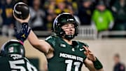 Michigan State's Alessio Milivojevic throws a pass against Michigan during the fourth quarter on Saturday, Oct. 25, 2025, at Spartan Stadium in East Lansing.