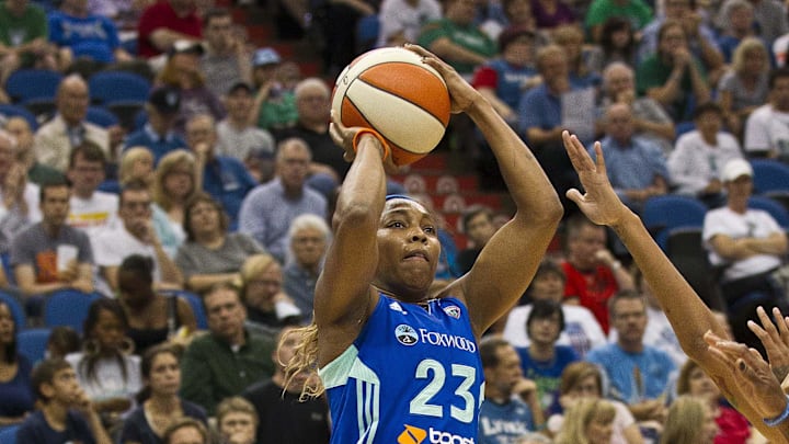June 21, 2012; Minneapolis, MN, USA: New York guard Cappie Pondexter (23) goes up for a shot in the first half against the Minnesota Lynx at Target Center. Mandatory Credit: Jesse Johnson-Imagn Images