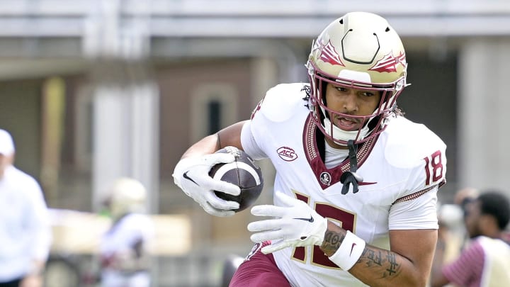 Apr 20, 2024; Tallahassee, Florida, USA; Florida State Seminoles tight end Landen Thomas (17) runs with the ball during the Spring Showcase at Doak S. Campbell Stadium. Mandatory Credit: Melina Myers-USA TODAY Sports