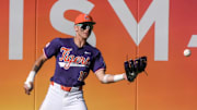 Clemson outfielder Cam Cannarella (10) drops a fly ball hit by South Carolina during the bottom of the seventh inning of the Reedy River Rivalry at Fluor Field in Greenville, S.C. Saturday, March 1, 2025.