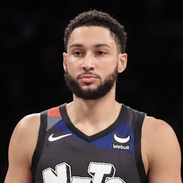 Jan 29, 2024; Brooklyn, New York, USA;  Brooklyn Nets guard Ben Simmons (10) checks back into the game in the second quarter against the Utah Jazz at Barclays Center. Mandatory Credit: Wendell Cruz-Imagn Images