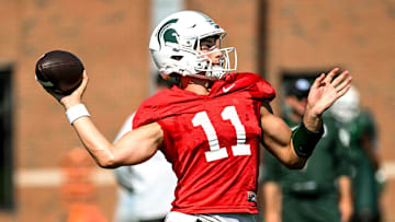 Michigan State's Alessio Milivojevic throws a pass during football practice on Monday, Aug. 11, 2025, in East Lansing.
