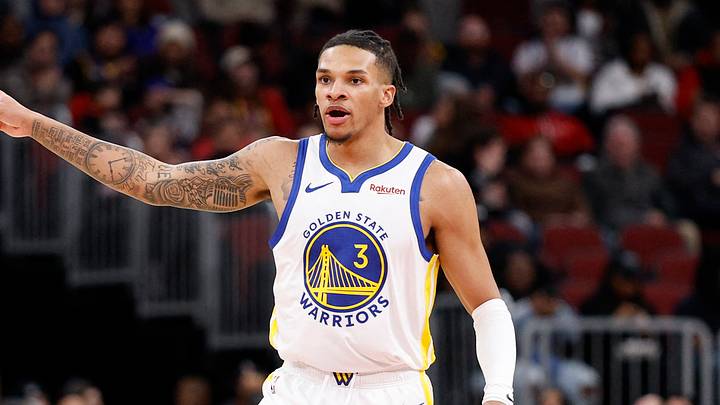 Dec 7, 2025; Chicago, Illinois, USA; Golden State Warriors guard Will Richard (3) reacts after scoring against the Chicago Bulls during the first half at United Center. Mandatory Credit: Kamil Krzaczynski-Imagn Images