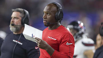 Sep 15, 2024; Houston, Texas, USA; Houston Texans head coach DeMeco Ryans looks on during the second quarter against the Chicago Bears at NRG Stadium. Mandatory Credit: Troy Taormina-Imagn Images