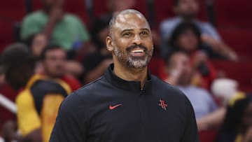 Oct 6, 2025; Houston, Texas, USA; Houston Rockets Head Coach Ime Udoka smiles during the third quarter against the Atlanta Hawks at Toyota Center. Mandatory Credit: Troy Taormina-Imagn Images