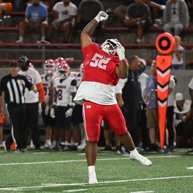 Mater Dei junior defensive lineman Tomuhini Topui celebrates a big play against Bishop Gorman on Friday, Sept. 6, 2024.