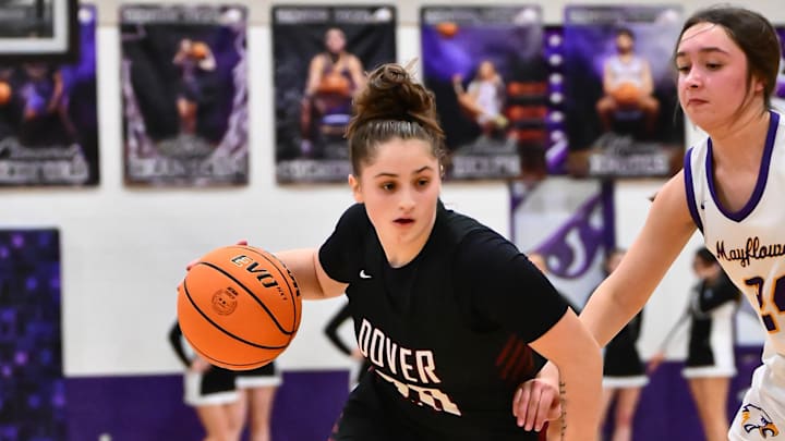 Dover point guard Kadee Keaster drives against Mayflower last Friday. The Pirates beat the Eagles 57-29. Dover point guard Kadee Keaster drives against Mayflower last Friday. The Pirates beat the Eagles 57-29.