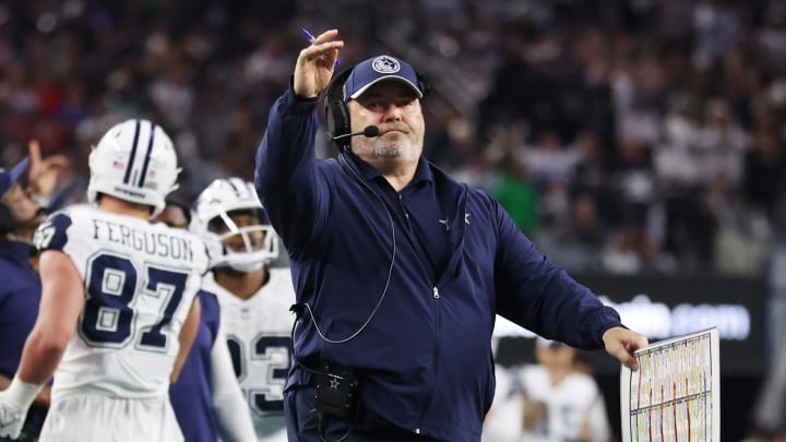 Dec 10, 2023; Arlington, Texas, USA; Dallas Cowboys head coach Mike McCarthy throws a challenge flag in the second quarter against the Philadelphia Eagles at AT&T Stadium. The challenge was successful and the play was ruled a touchdown. Mandatory Credit: Tim Heitman-USA TODAY Sports